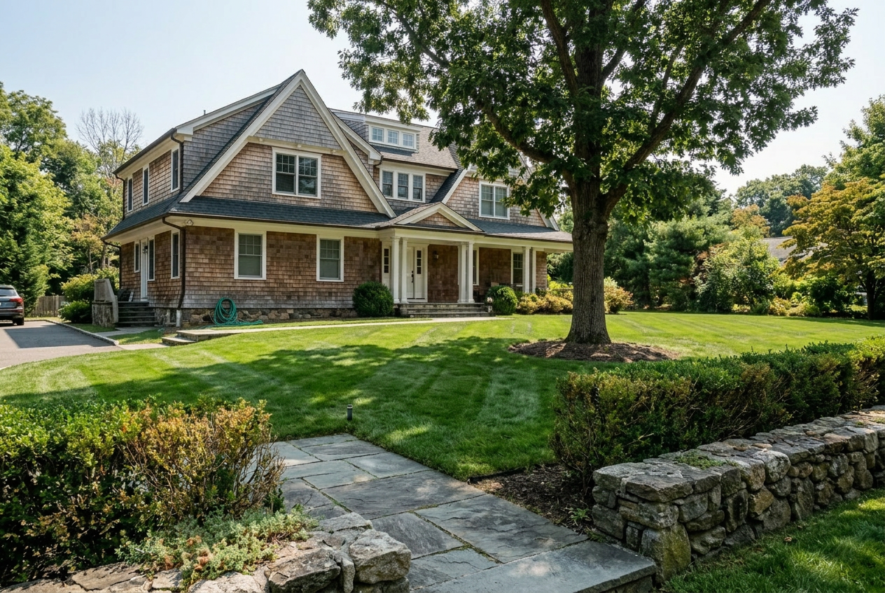 Same Westport home with lush green lawn after a season of Flow irrigation