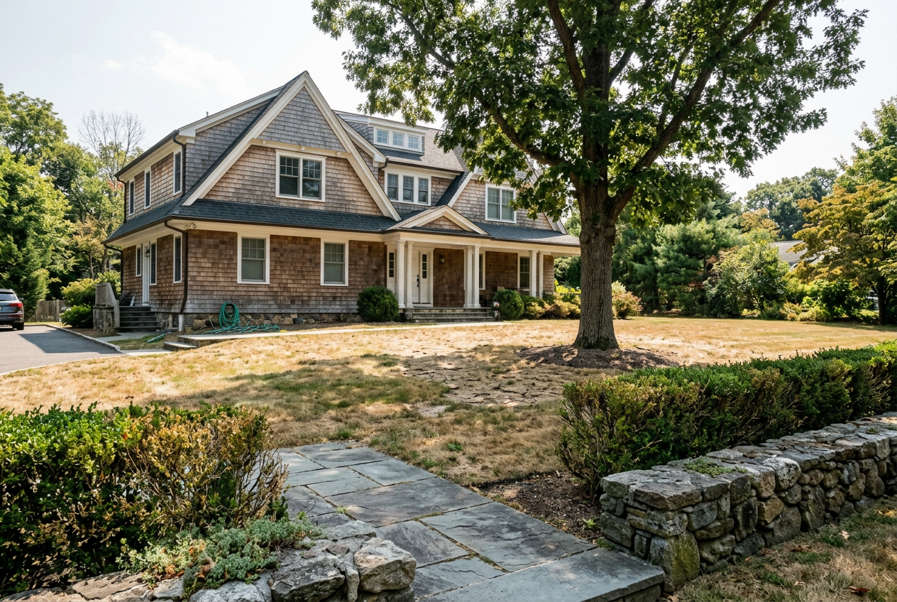 Shingle-style Westport home with stressed yellow lawn before Flow irrigation